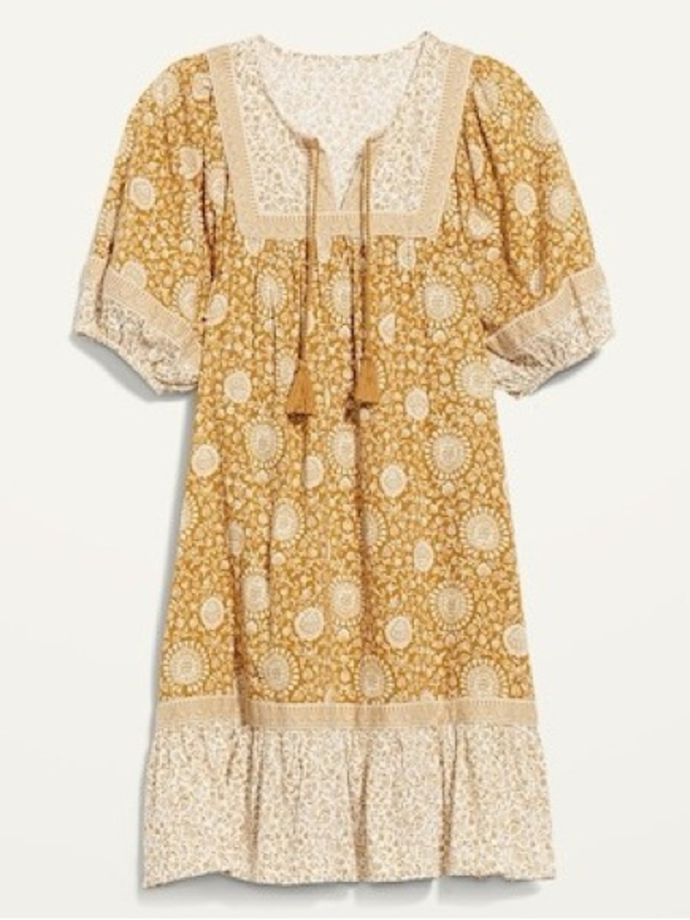 Old Navy Boho Floral Print Midi Dress in Mustard Yellow & Cream size large